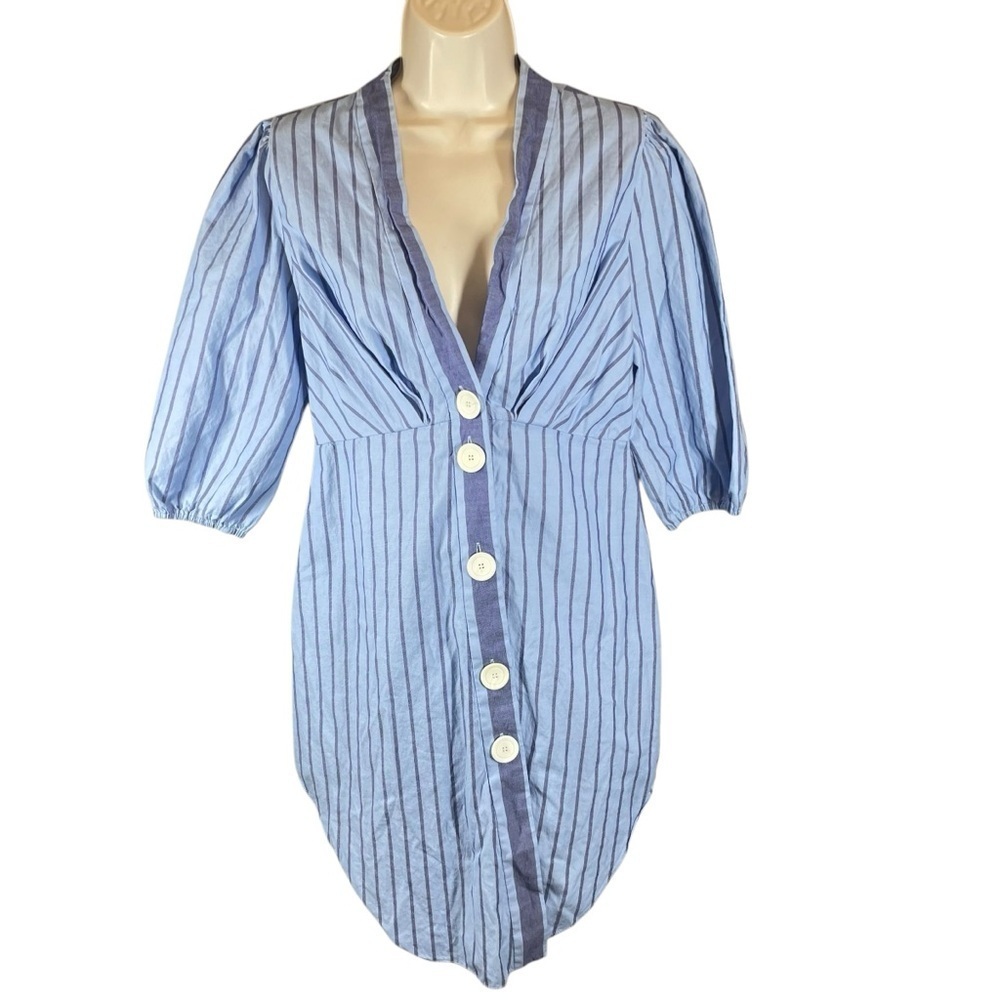 Zara Poplin Assymetrical Button Ballon Sleeve blue Pinstripe Dress medium